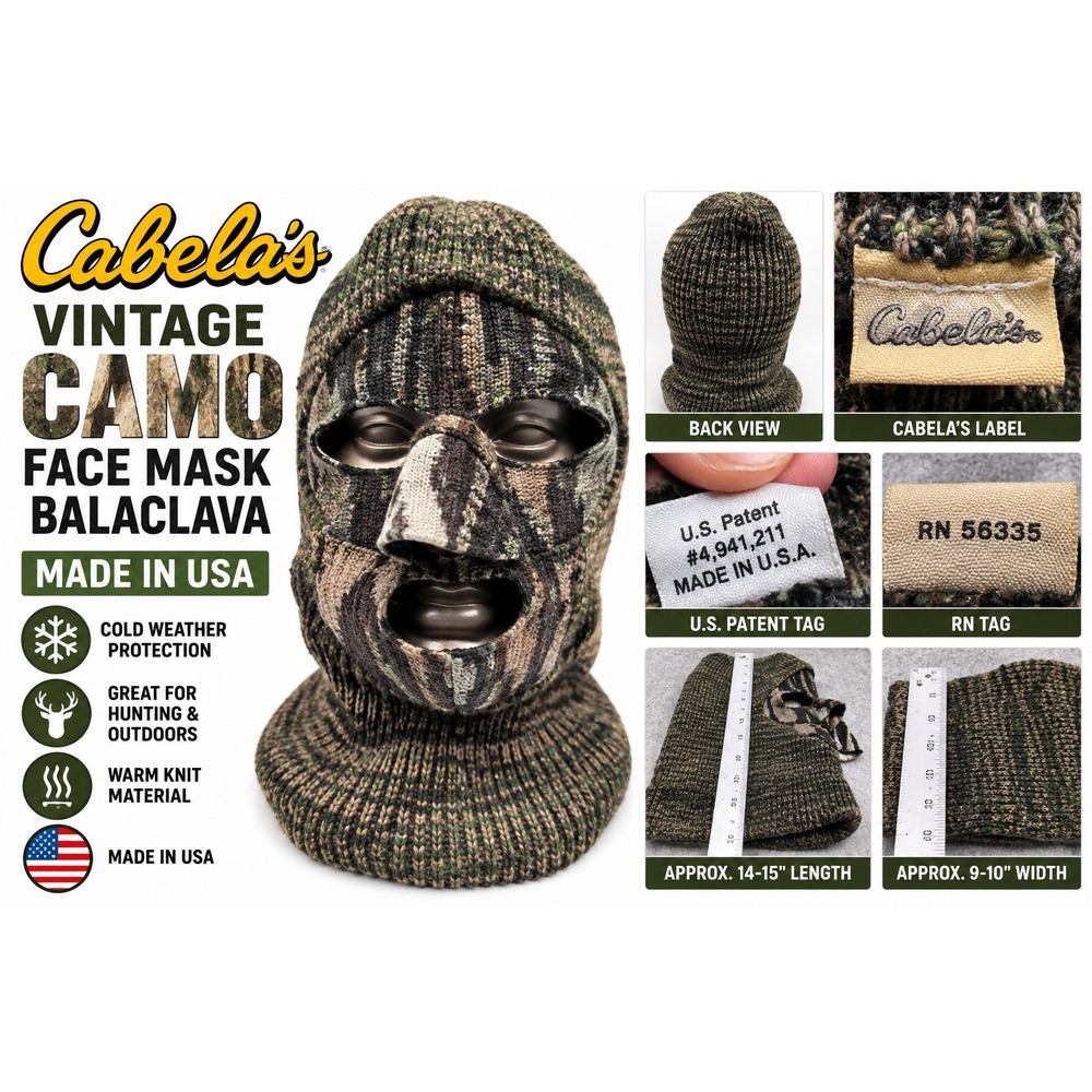 Vintage Cabelas Camo Face Mask Balaclava Made in USA Hunting Knit Mask RN 56335